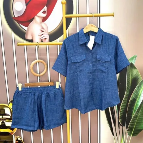 Đồ bộ quần đùi áo tay ngắn cổ bẻ phối túi