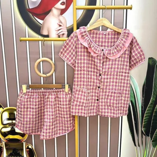Đồ bộ quần đùi áo tay ngắn cổ sen caro