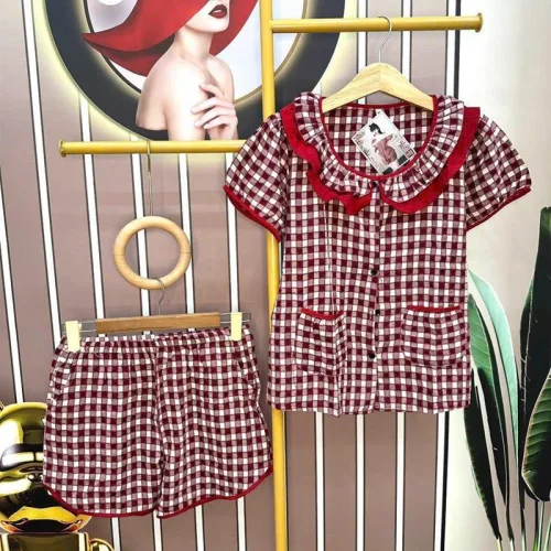 Đồ bộ quần đùi áo tay ngắn cổ sen caro