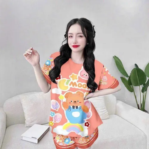 Đồ bộ quần đùi áo tay ngắn cổ tròn hoạ tiết