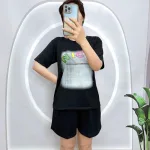 Đồ bộ quần đùi áo tay ngắn cổ tròn in chữ