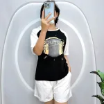 Đồ bộ quần đùi áo tay ngắn cổ tròn in chữ