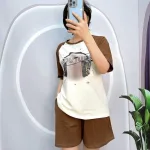 Đồ bộ quần đùi áo tay ngắn cổ tròn in chữ