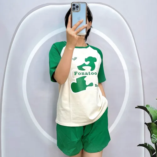 Đồ bộ quần đùi áo tay ngắn cổ tròn in chữ