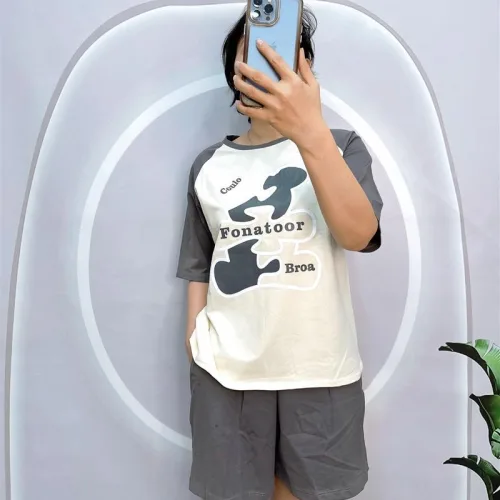 Đồ bộ quần đùi áo tay ngắn cổ tròn in chữ
