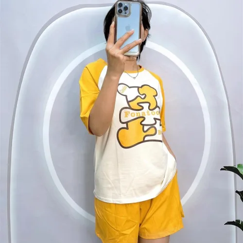 Đồ bộ quần đùi áo tay ngắn cổ tròn in chữ