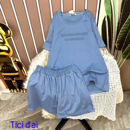 Đồ bộ quần đùi áo tay ngắn cổ tròn in chữ form rộng