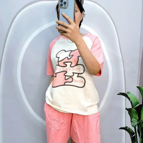Đồ bộ quần đùi áo tay ngắn cổ tròn in hình