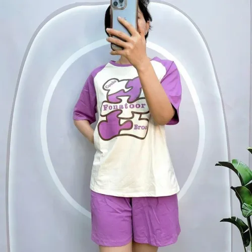 Đồ bộ quần đùi áo tay ngắn cổ tròn in hình