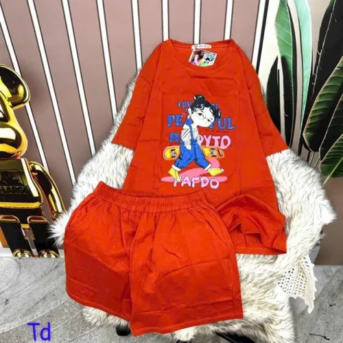 Đồ bộ quần đùi áo tay ngắn cổ tròn in hình