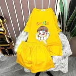 Đồ bộ quần đùi áo tay ngắn cổ tròn in hình bé gái