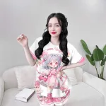 Đồ bộ quần đùi áo tay ngắn cổ tròn in hình mèo