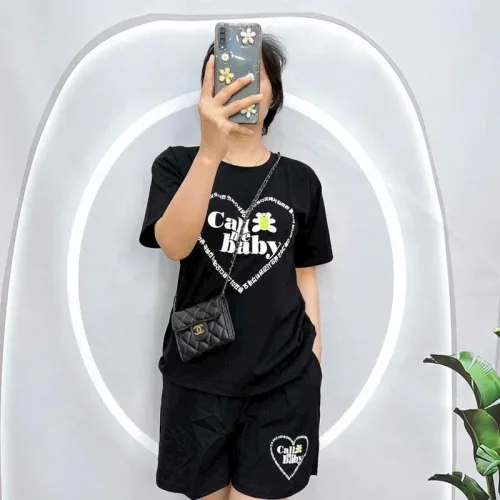 Đồ bộ quần đùi áo tay ngắn cổ tròn in hình trái tim