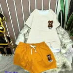 Đồ bộ quần đùi áo tay ngắn cổ tròn sọc in hình gấu