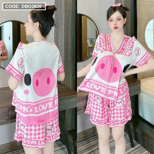 Đồ bộ quần đùi áo tay ngắn cổ v hoạ tiết