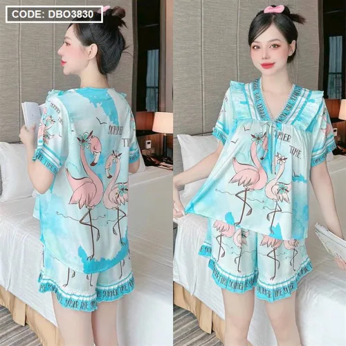 Đồ bộ quần đùi áo tay ngắn cổ v hoạ tiết