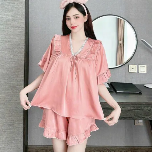 Đồ bộ quần đùi áo tay ngắn cổ v màu trơn