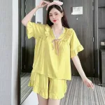 Đồ bộ quần đùi áo tay ngắn cổ v màu trơn