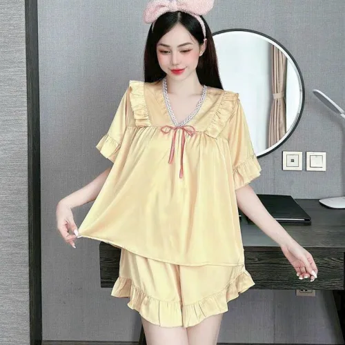 Đồ bộ quần đùi áo tay ngắn cổ v màu trơn