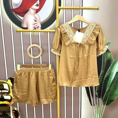 Đồ bộ quần đùi áo tay ngắn cổ v phối ren màu trơn