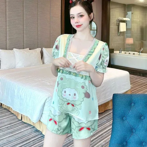 Đồ bộ quần đùi áo tay ngắn cổ vuông hoạ tiết