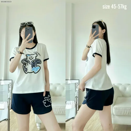 đồ bộ quần đùi áo tay ngắn in hình gấu màu quần màu tay áo