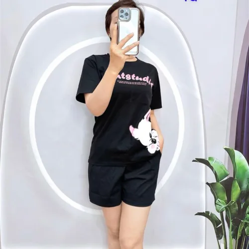 Đồ bộ quần đùi áo tay ngắn in mèo trắng bên hông