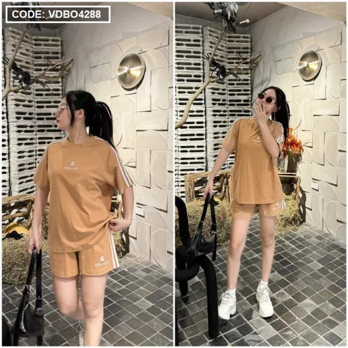 Đồ bộ quần đùi áo tay ngắn phối 2 sọc viền in chữ s