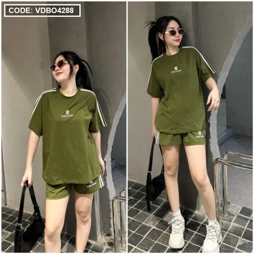 Đồ bộ quần đùi áo tay ngắn phối 2 sọc viền in chữ s