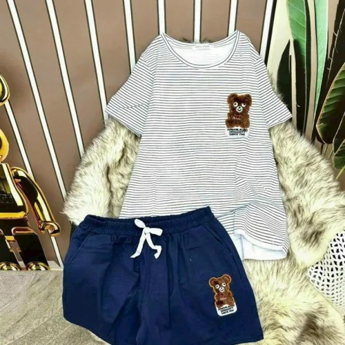 Đồ bộ quần đùi áo tay ngắn sọc cổ tròn in hình gấu