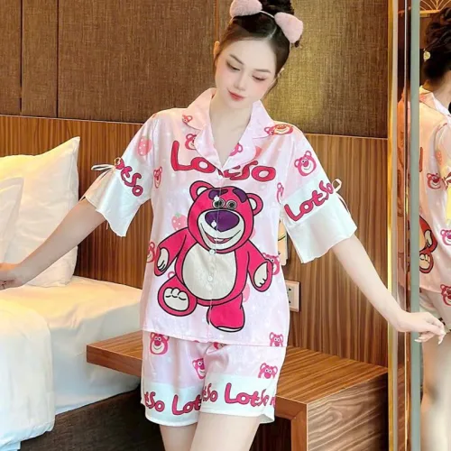 Đồ bộ quần đùi áo tay ngắn thắt dây nơ cổ bẻ hoạ tiết