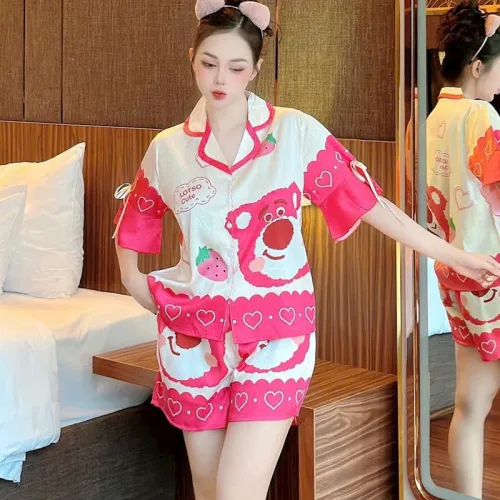 Đồ bộ quần đùi áo tay ngắn thắt dây nơ cổ bẻ hoạ tiết
