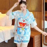 Đồ bộ quần đùi áo tay ngắn thắt dây nơ cổ bẻ hoạ tiết
