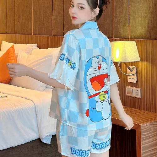 Đồ bộ quần đùi áo tay ngắn thắt dây nơ cổ bẻ hoạ tiết