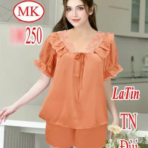 Đồ bộ quần đùi áo tay ngắn viền bèo cổ v màu trơn