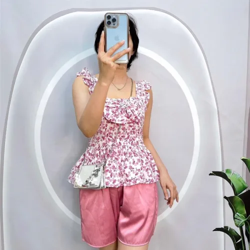 Đồ bộ quần đùi áo xòe dây bèo họa tiết