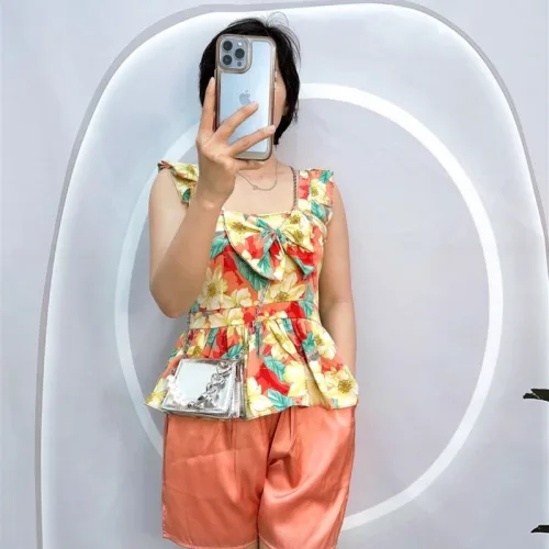 Đồ bộ quần đùi áo xòe dây bèo họa tiết