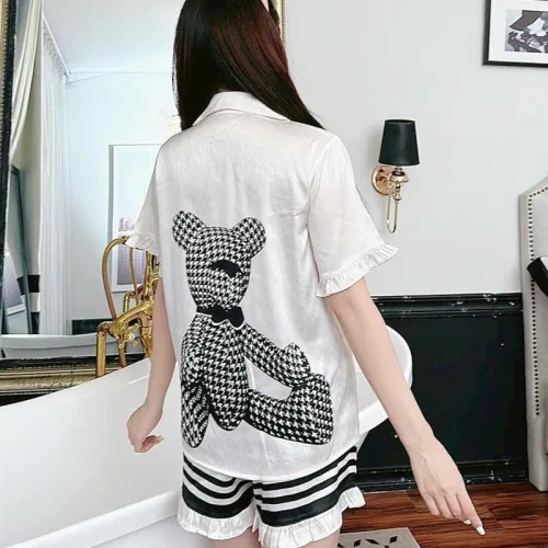 Đồ bộ quần đùi bèo áo tay ngắn cổ bẻ hoạ tiết
