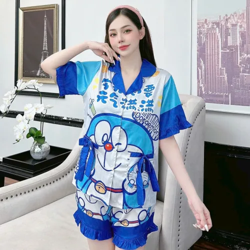 Đồ bộ quần đùi bèo áo tay ngắn cổ bẻ hoạ tiết