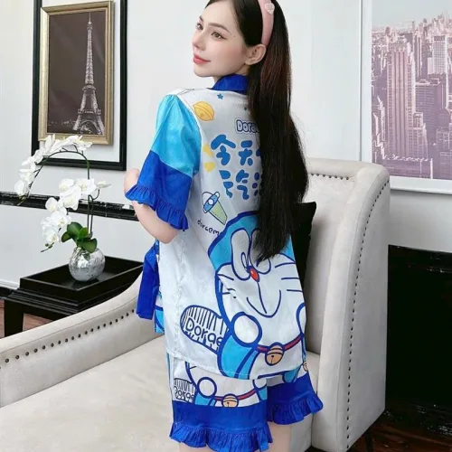 Đồ bộ quần đùi bèo áo tay ngắn cổ bẻ hoạ tiết dể thương