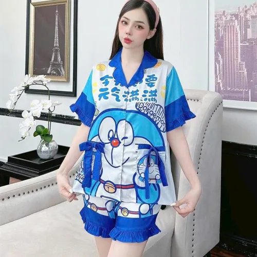 Đồ bộ quần đùi bèo áo tay ngắn cổ bẻ hoạ tiết dể thương