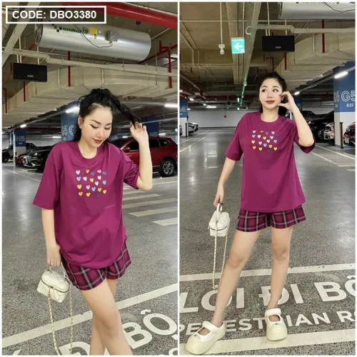 Đồ bộ quần đùi caro áo tay ngắn in hình trái tim nhỏ