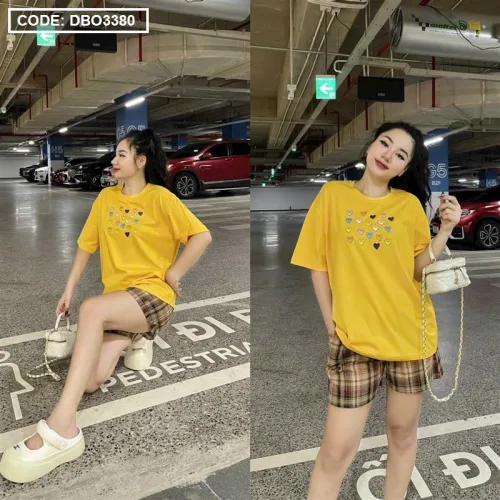 Đồ bộ quần đùi caro áo tay ngắn in hình trái tim nhỏ