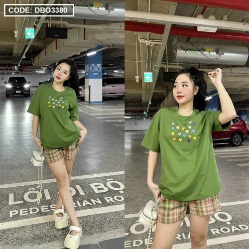 Đồ bộ quần đùi caro áo tay ngắn in hình trái tim nhỏ