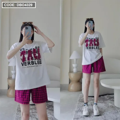 Đồ bộ quần đùi caro áo tay ngắn thuê chữ TAER