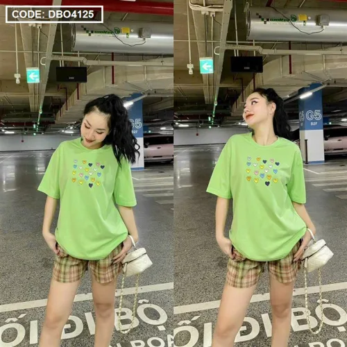 Đồ bộ quần đùi caro tay ngắn cổ tròn in hình tim