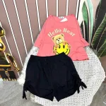 Đồ bộ quần đùi đen áo tay ngắn crop in hình