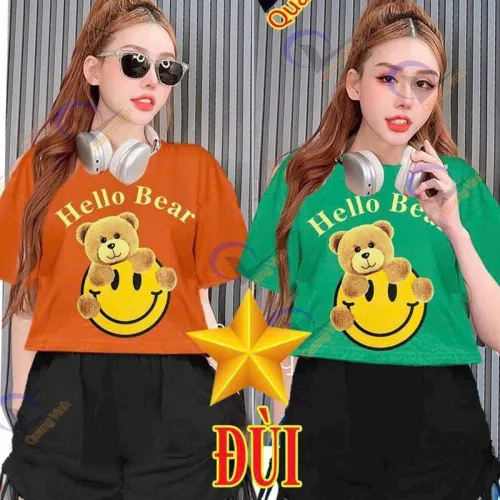 Đồ bộ quần đùi đen áo tay ngắn crop in hình
