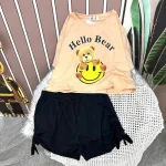 Đồ bộ quần đùi đen áo tay ngắn crop in hình