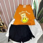 Đồ bộ quần đùi đen áo tay ngắn crop in hình